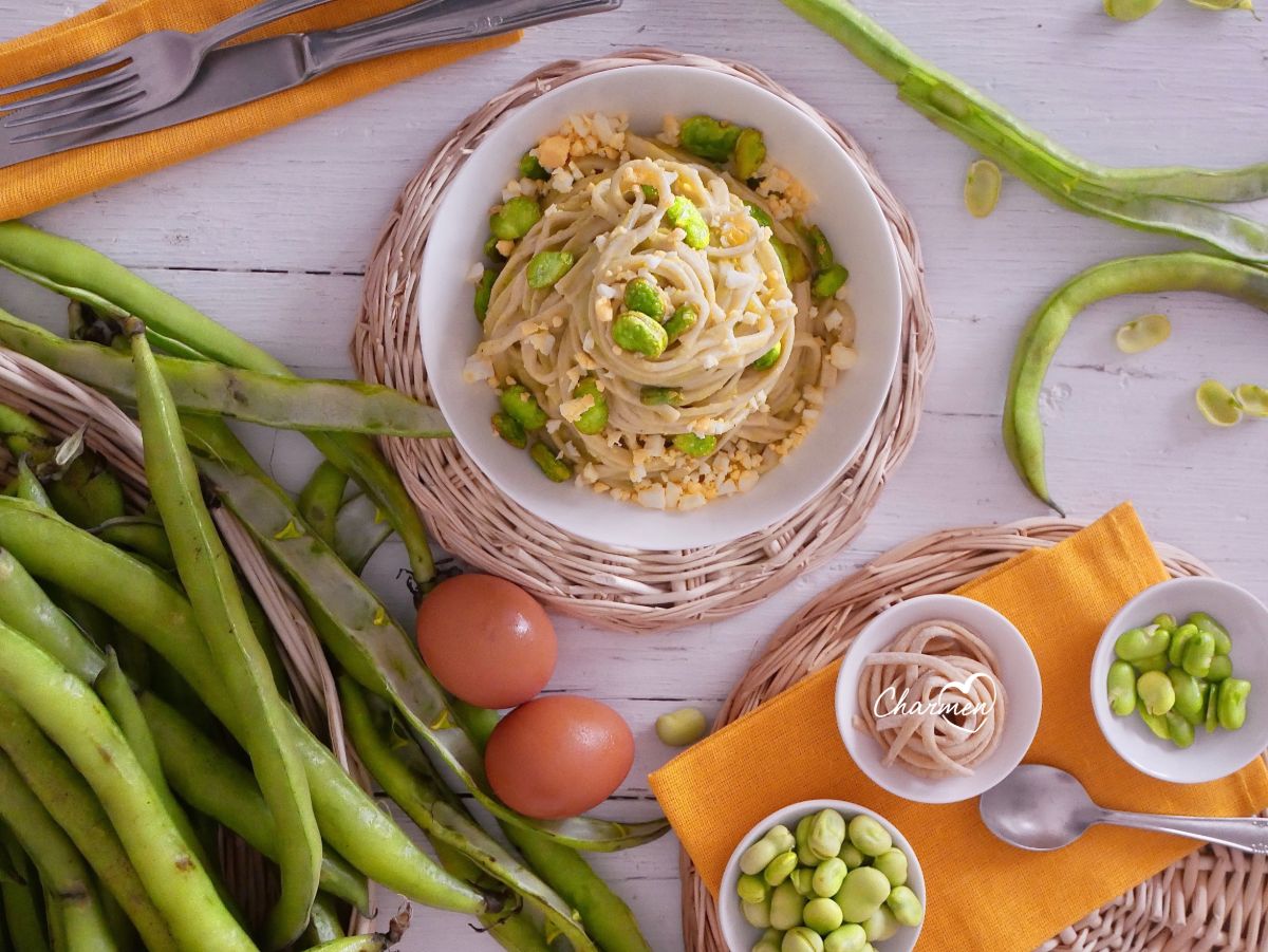 Trenette al farro con fava in due consistenze