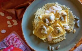 ravioli Scoiattolo con ripieno di zucca e pancetta rosolata