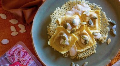 ravioli Scoiattolo con ripieno di zucca e pancetta rosolata