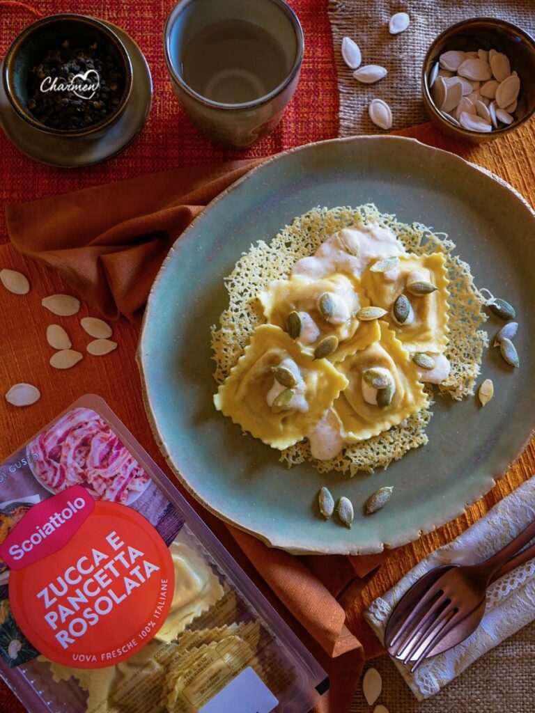 ravioli Scoiattolo con ripieno di zucca e pancetta rosolata